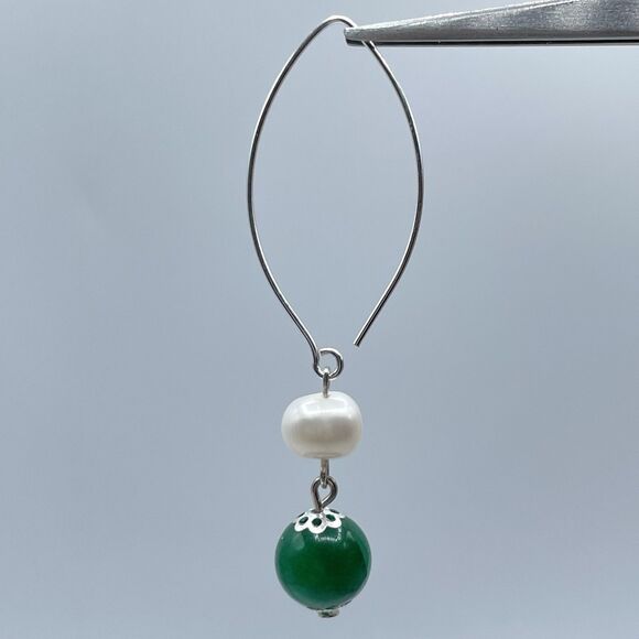 925 Sterling Silver Genuine Emerald Green Gemstone Pearl Dangle Hoop Earrings - Picture 3 of 10